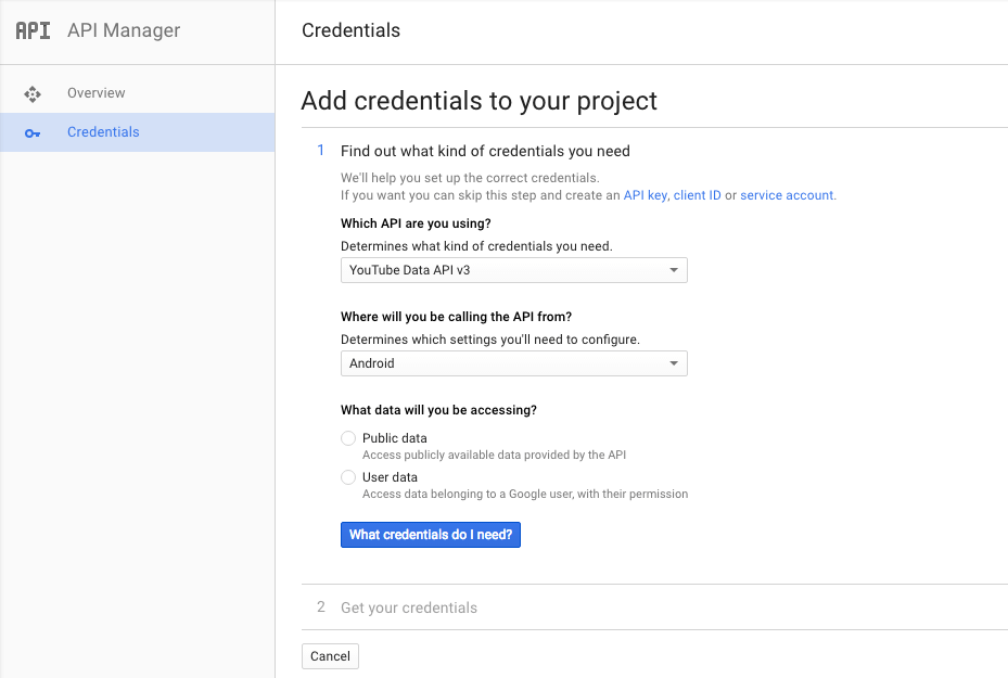 Add Credential Google Developer Console